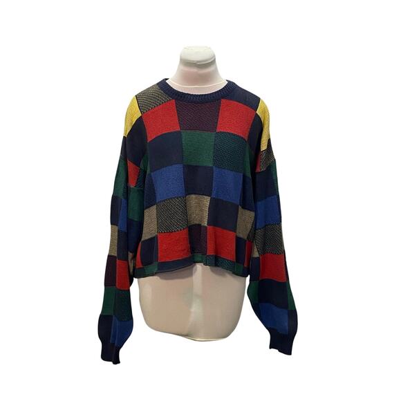 NWT URBAN RENEWAL Cropped Colorblock Sweater M/L Square Print Recycled Vintage - Picture 1 of 7